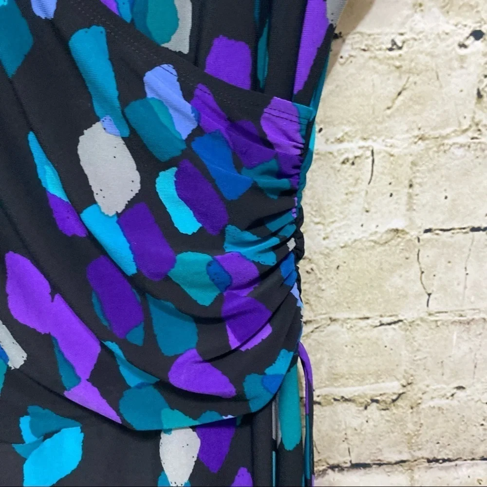 Jones Wear Black Purple Geometric Print V Neck Faux Wrap Dress